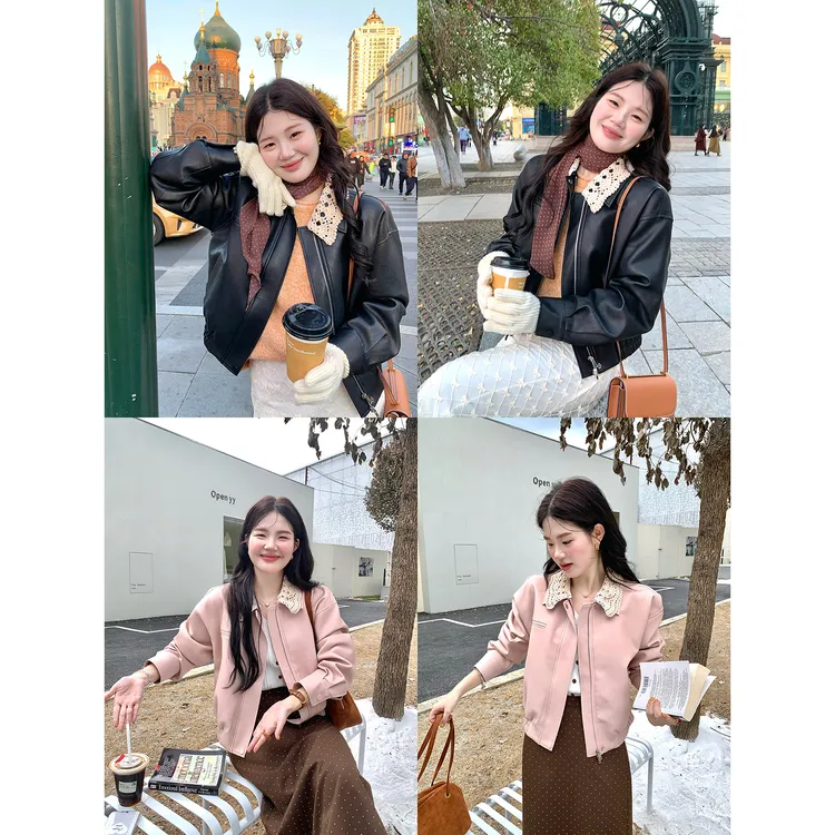 火火【桃雾心笺】韩版粉色气质拼接皮衣外套P37802HH53+P38364HH53