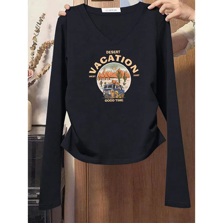 气质V领收腰黑色长袖T恤女2025早秋新款时尚洋气百搭显瘦上衣潮