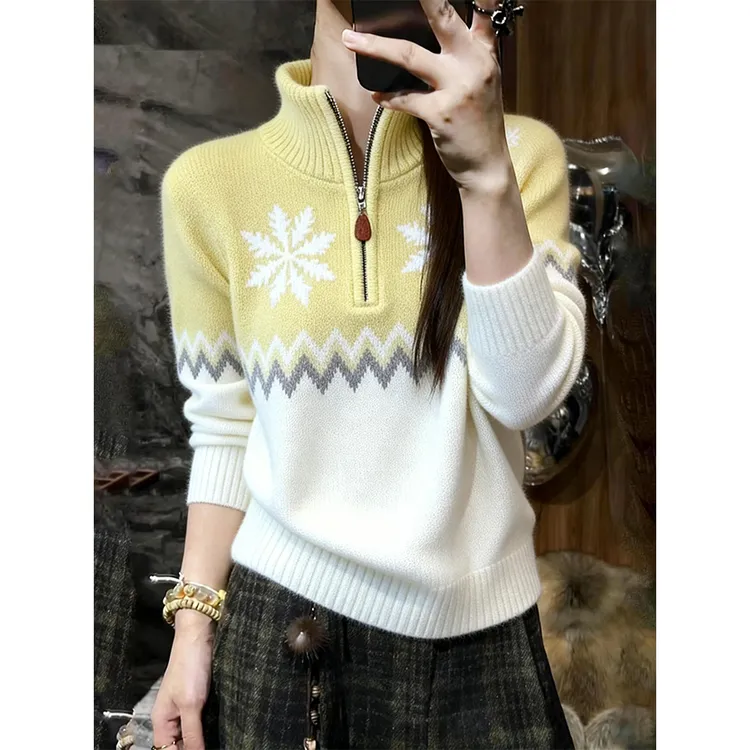 2025冬季新年费尔岛提花拉链翻领针织衫女小个子减龄百搭软糯毛衣