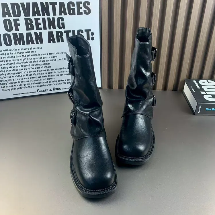 2025秋季新款中筒短靴西部靴裤管靴真皮厚底粗跟马丁靴小众骑士靴
