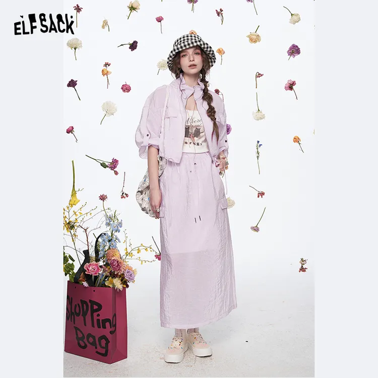 妖精的口袋2025春季套装工装半裙外套肌理感面料甜酷街头设计感