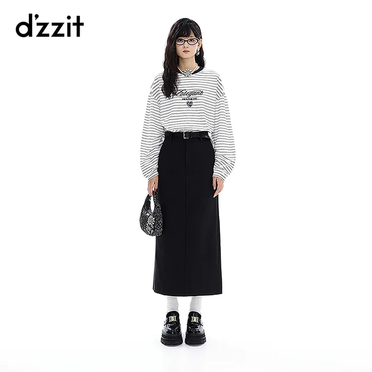 dzzit地素长袖T恤复古休闲宽松刺绣条纹上衣女3I4B511
