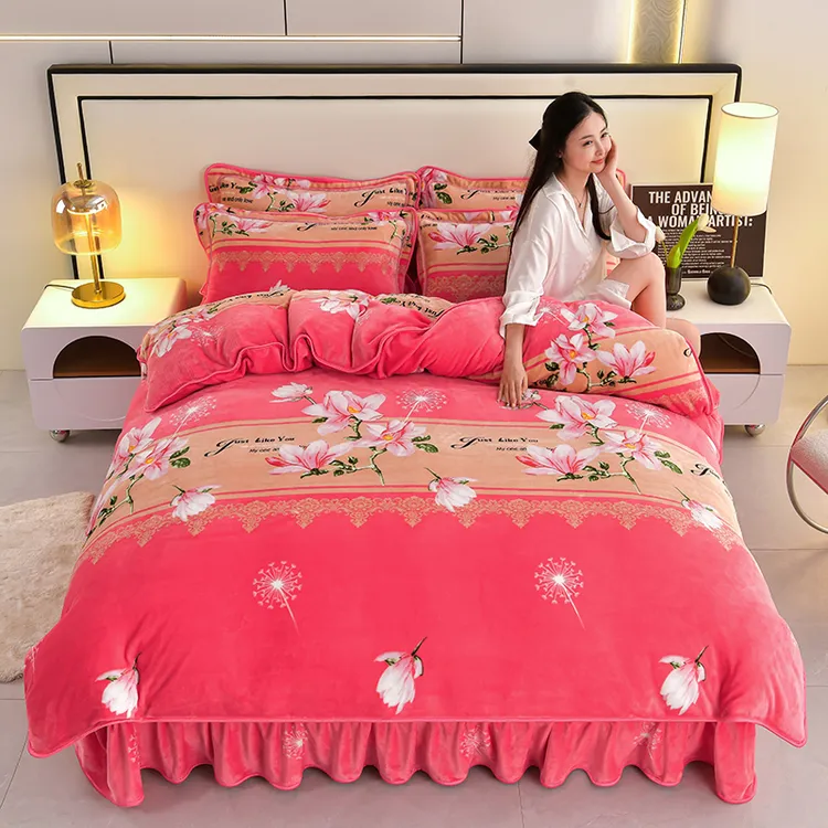 秋冬新款抗静电加厚保暖牛奶绒四件套印花双面绒毛绒被套四件套