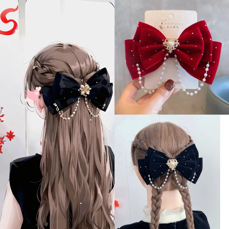 新年款宫廷风在逃公主酒红珍珠蝴蝶结儿童发夹头饰对夹