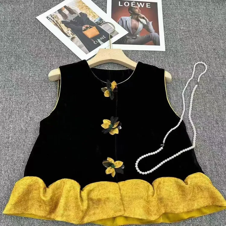 早秋新款时尚新中式马甲女圆领轻国风丝绒拼接马夹复古洋气上衣潮