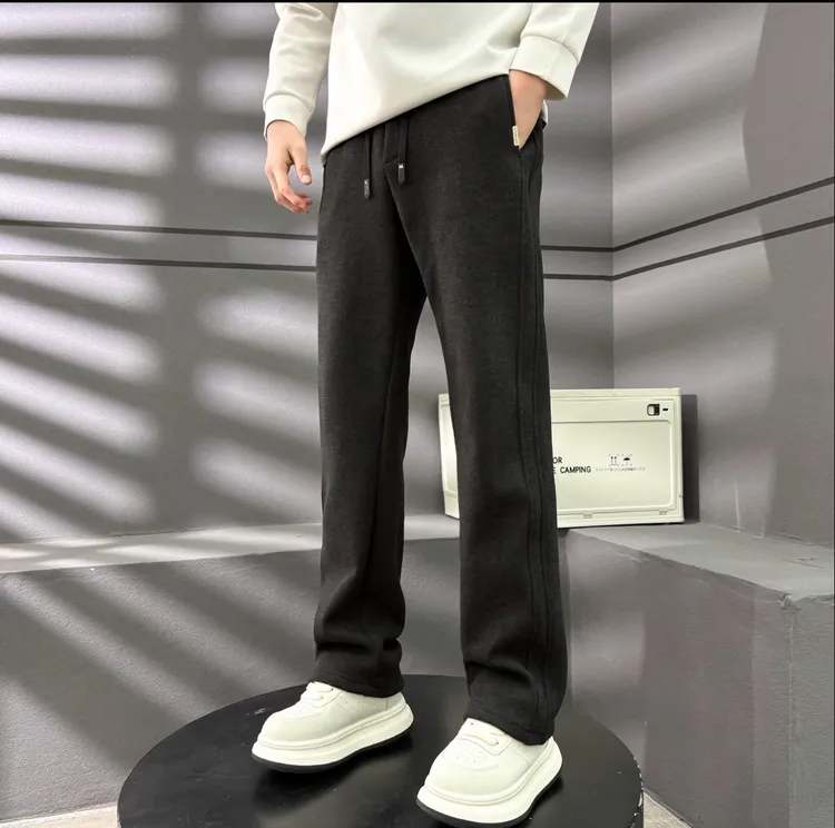 男士冬季加绒加厚毛呢休闲裤保暖宽松直筒高克重垂感长裤