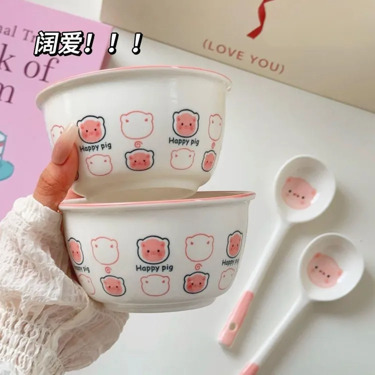 陶瓷猪碗家用少女心碗釉下彩情侣卡通米饭碗卡通碗套装可爱餐具
