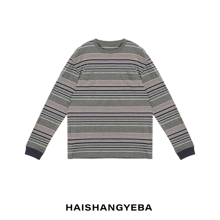 【海上叶爸】新款2025秋冬百搭棉圆领套头条纹休闲长袖T恤