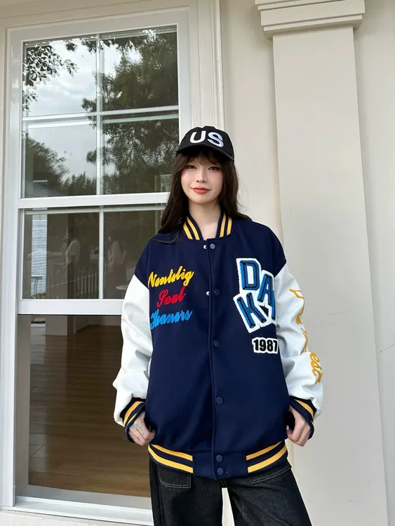 美式oversize外套国潮植绒刺绣字母棒球服女春季休闲学生情侣夹克