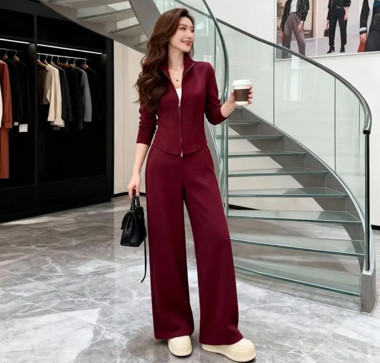 休闲运动套装女春秋2025新款修身立领红色卫衣阔腿裤两件洋气秋冬