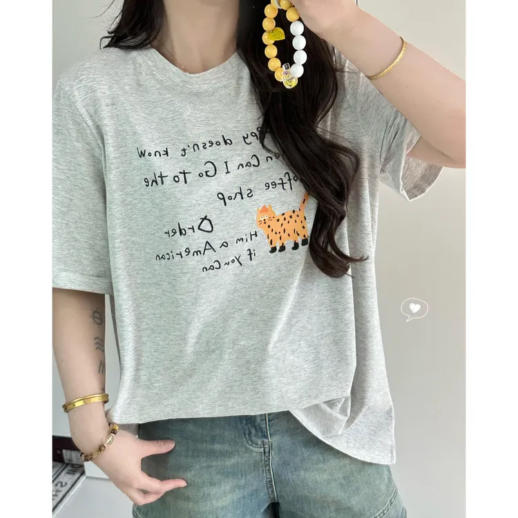 李潇洒【罚站小橘】微胖大码夏季韩版时尚字母小猫短袖宽松百搭T恤