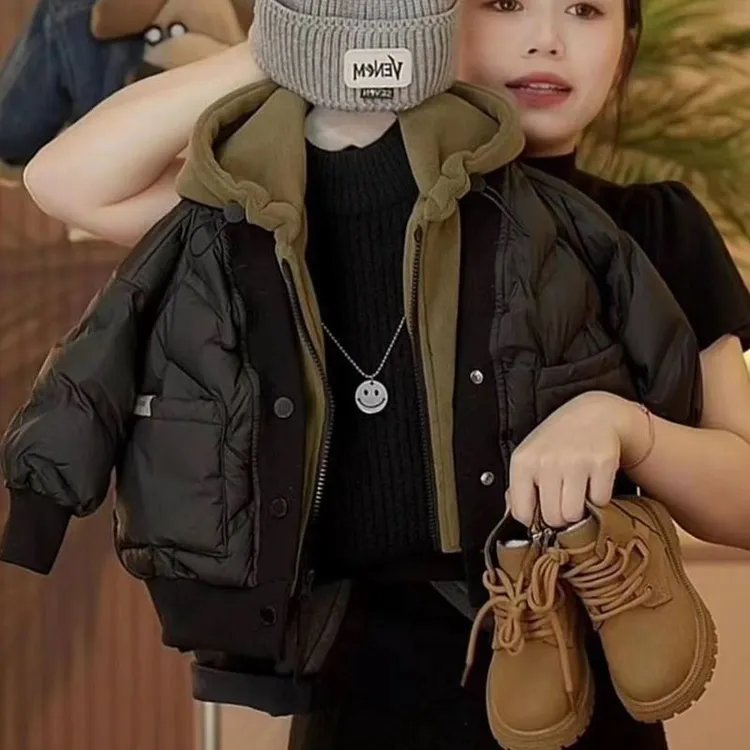 新款男童帅气棉服2025秋冬季新款外套连帽假两件加厚棉衣男宝冬装