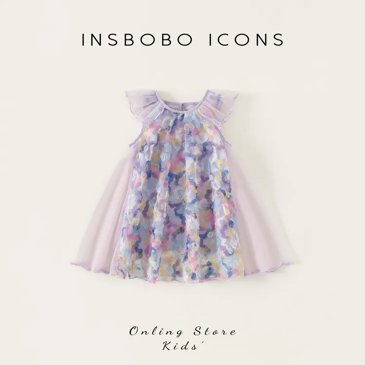XQ25156【夏】儿童裙子（小飞袖花朵纱网连衣裙）