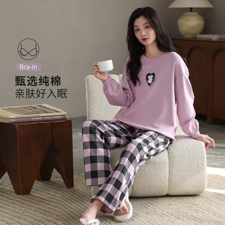 浪莎纯棉睡衣女春秋季自带胸垫长袖薄款全棉可爱宽松可外穿家居服