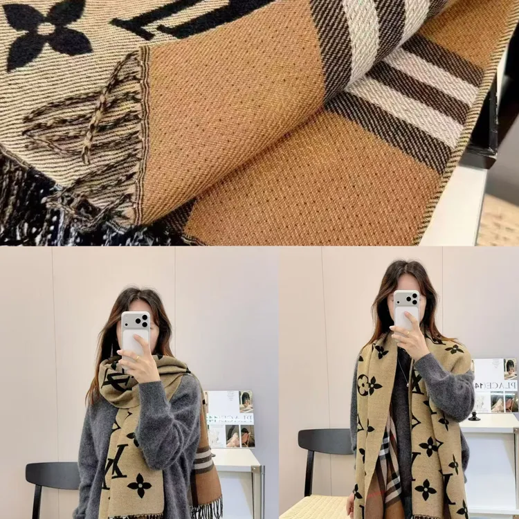 秋冬双面山羊绒高级感轻奢刺绣格加厚保暖百搭长款围脖披肩围巾