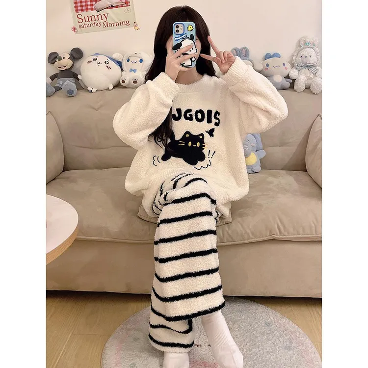 半边绒睡衣女款冬季加厚加绒珊瑚绒可爱小猫学生套装家居服可外穿