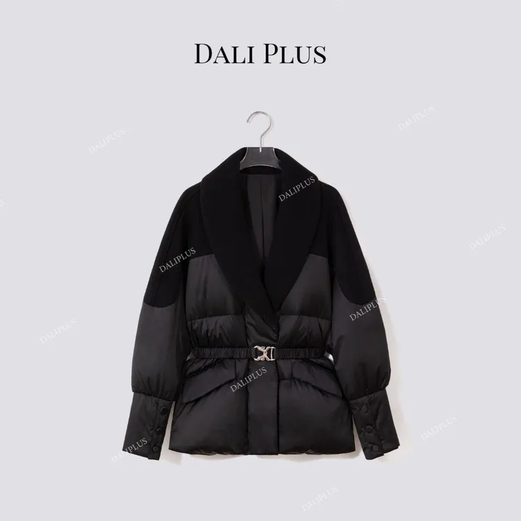 DALI PLUS“鹅绒服收腰羊绒羊毛呢”拼接拼接羽绒服-D5CH4630