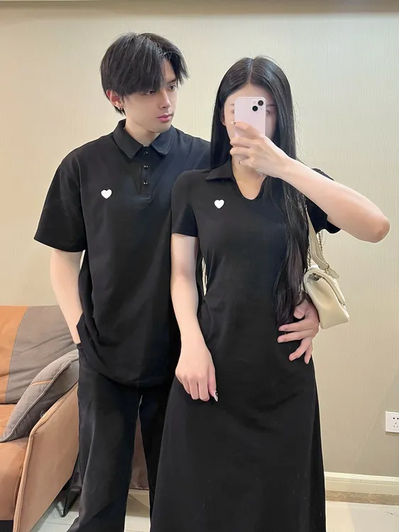 情侣装2025年夏装新款短袖新款POLO衫男翻领爱心显瘦中长款连衣裙