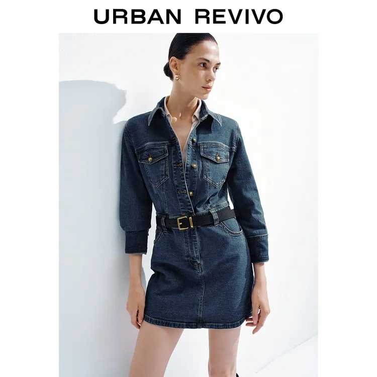 UR2025秋季新款女装时尚复古金属纽扣牛仔连衣裙UWG850197
