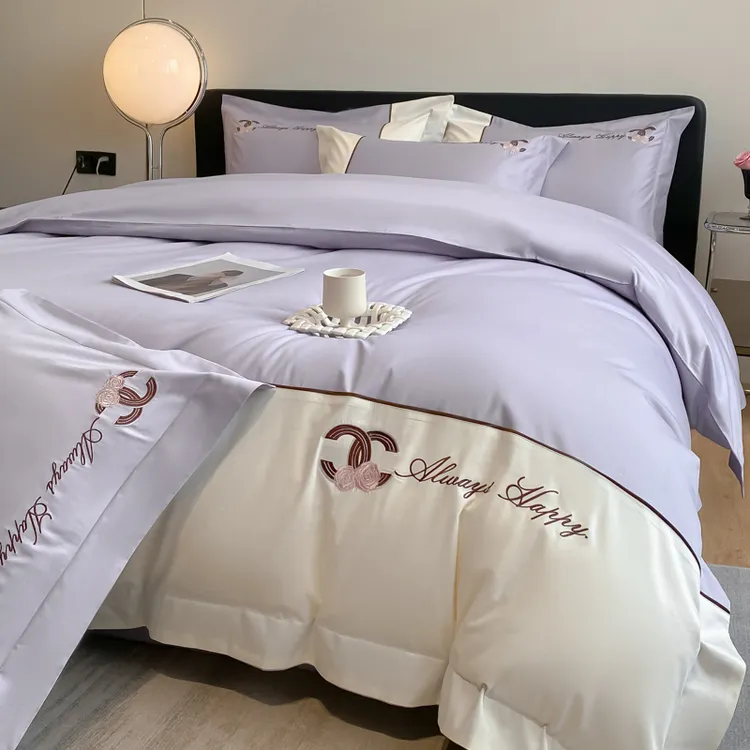 高档轻奢新疆长绒棉刺绣拼接四件套A类120支简约双拼轻奢四件套11