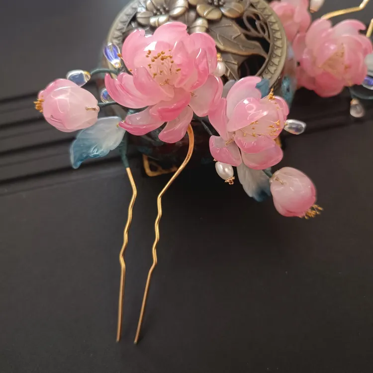 原创琉璃夏荷发钗粉色中国风旗袍宋制明制唐风发簪软簪仙气
