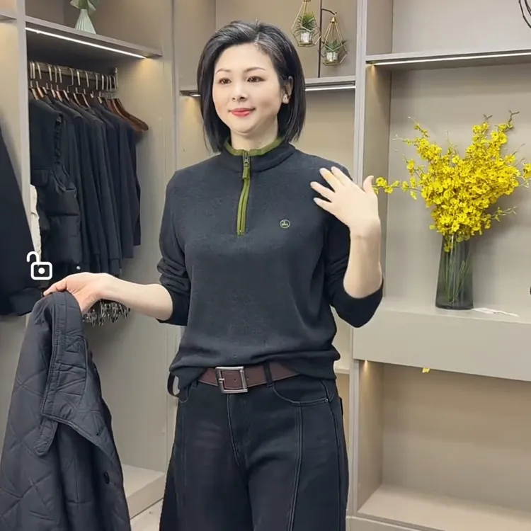 双面德绒立领半拉链长袖T恤2025冬减龄百搭加绒打底衫撞色小衫女
