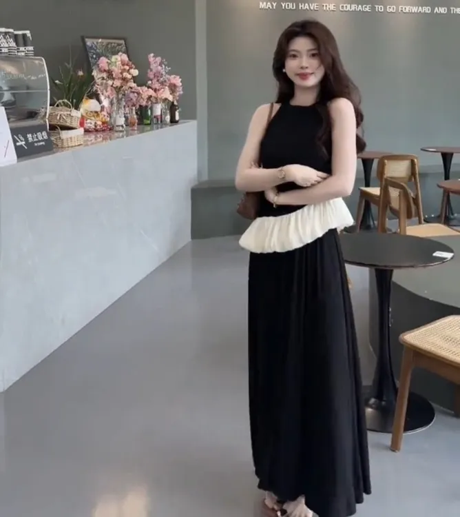 千金风法式休闲风时尚套装长款时尚夏季无袖小众方领复古长裙