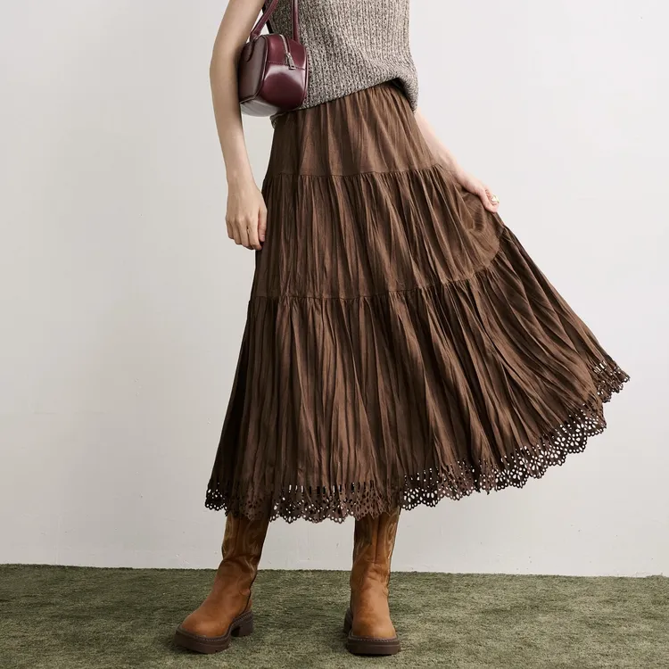 欧货尝鲜复古烧花老钱风鹿皮绒显瘦大摆半身裙子