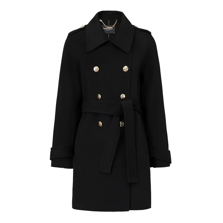 仿佛秋冬大衣女翻领中长款小个子毛呢外套黑色FL00305气质显瘦