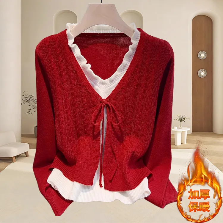 红色假两件拼接针织衫女洋气减龄显白加厚本命年红色衣服保暖毛衣
