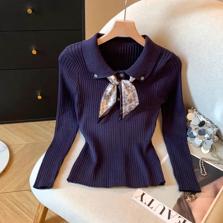 丝巾系带翻领长袖针织衫女2025秋冬新款显瘦洋气时尚修身上衣打底