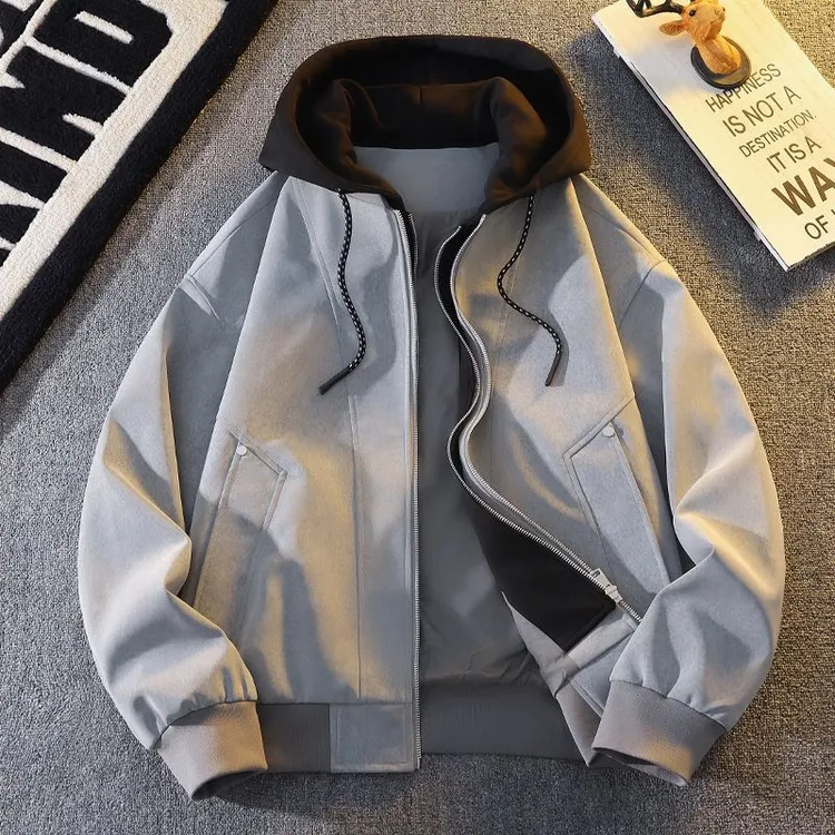 假两件皮衣外套男2025春秋季新款连帽防风夹克男帅气百搭开衫上衣