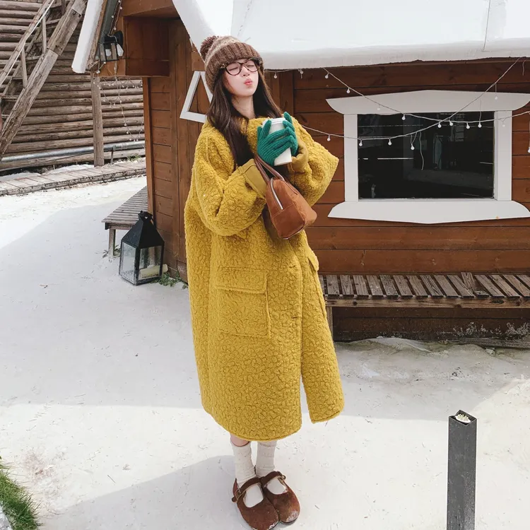 姜黄色韩版休闲羊羔毛大衣女2025秋冬新款长款宽松显瘦毛呢外套