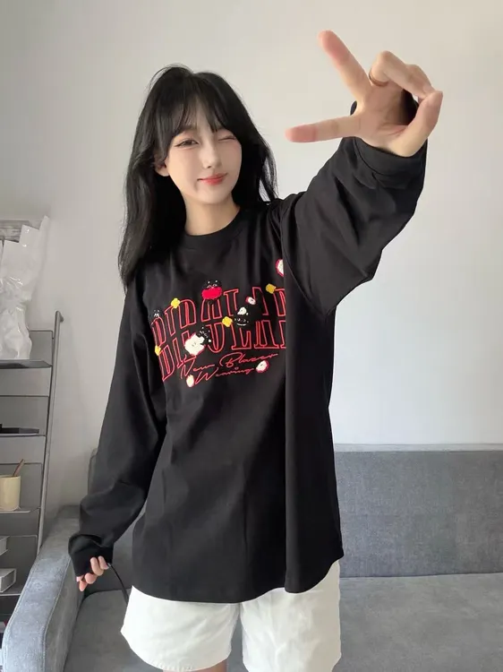 苹果猫毛巾植绒刺绣长袖T恤美式休闲圆领上衣女可爱宽松情侣新款