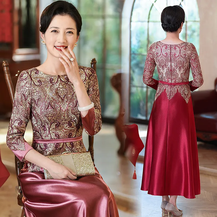 酒红色喜妈妈礼服2025新款爆款遮肚子40-50岁喜婆婆丈母娘婚宴
