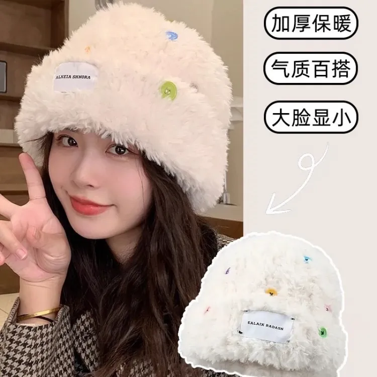 女士秋冬季堆堆毛线帽毛绒绒保暖百搭显脸小大头围针织帽保暖帽子
