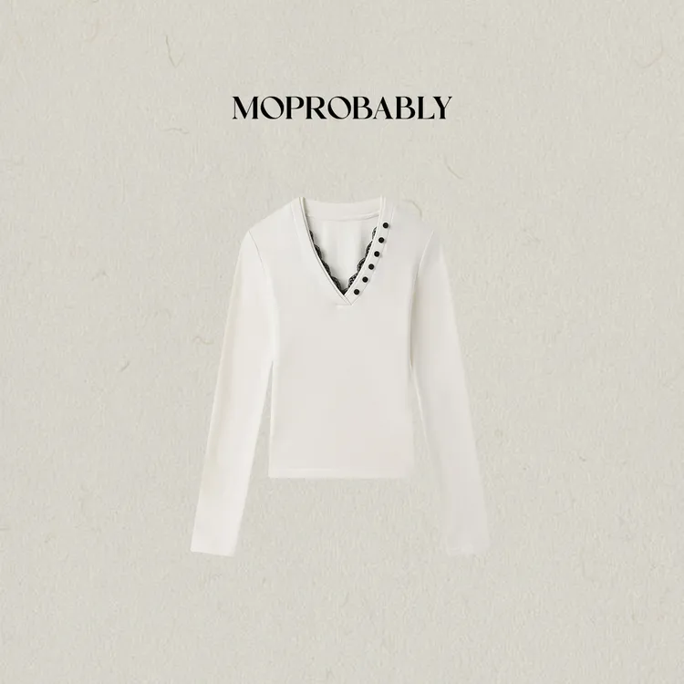 Moprobably李予诺「蕾粒」极简修身V领拼接蕾丝长袖针织衫L5447043
