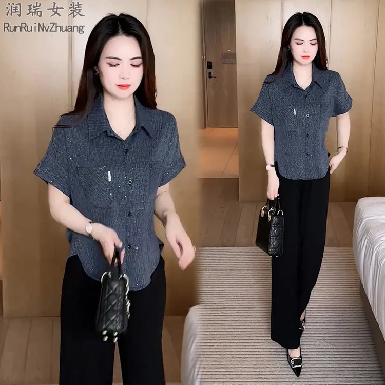 薄款衬衫夏季宽松印花小衫百搭压褶夏装减龄衬衫袖短袖休闲2025潮