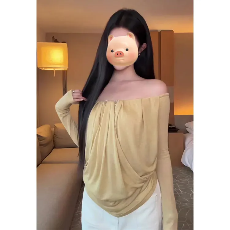 巨好看的黄色不规则设计感一字肩长袖T恤女独特漂亮早秋chic上衣
