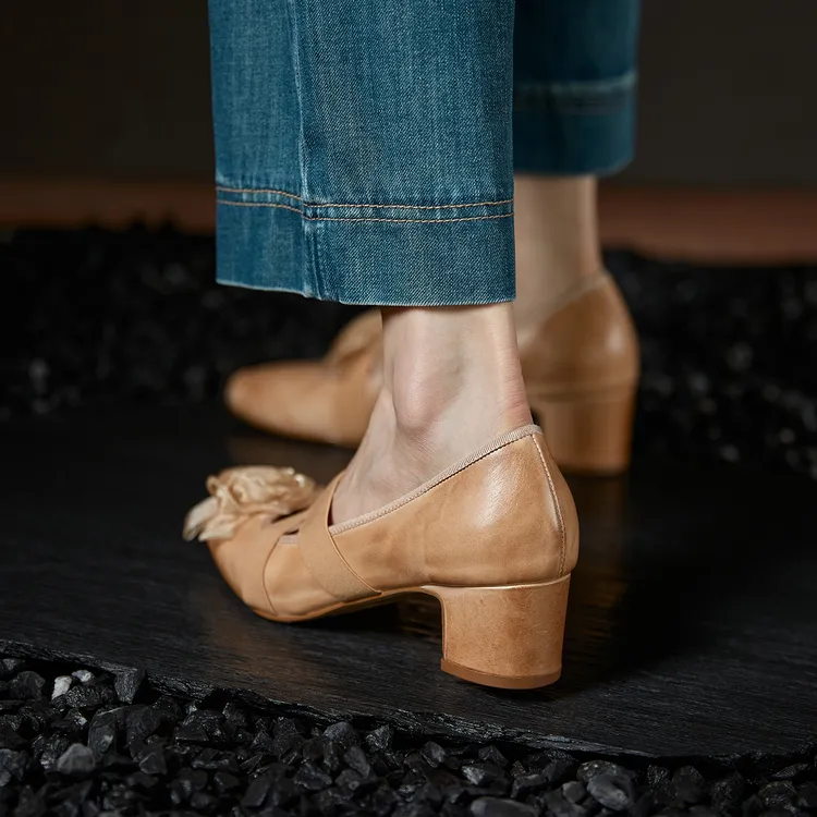 小个子手工女鞋4.5cm~浅口单鞋女花朵通勤鞋温柔风玛丽珍鞋高跟鞋