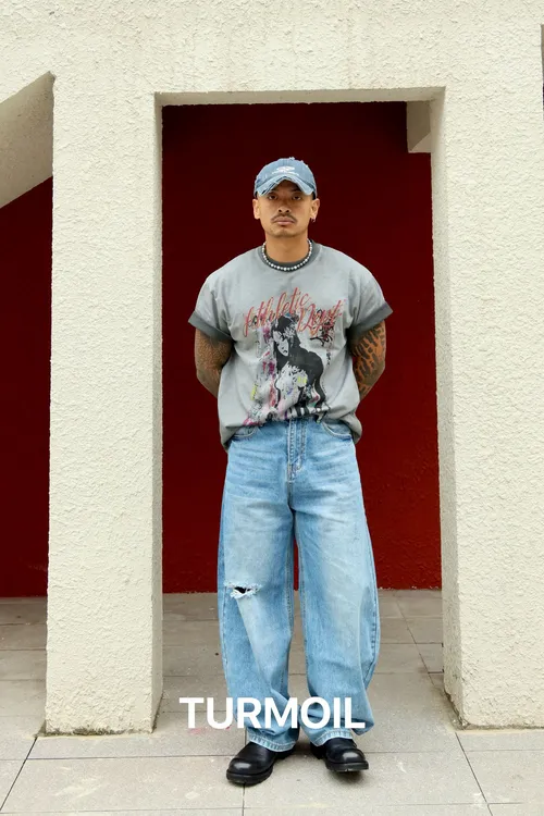 TURMOIL美式弯刀破洞水洗宽松潮流阔腿牛仔裤