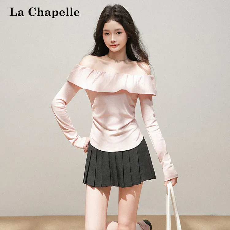 拉夏贝尔一字领荷叶边拼接褶皱长袖T恤女秋季纯色百褶半身裙套装