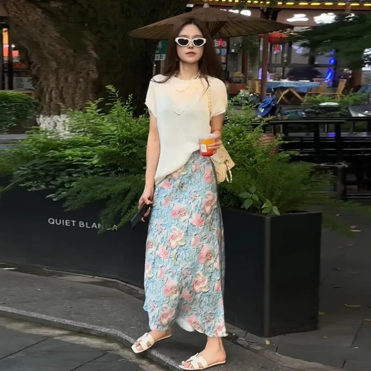 温柔油画风晕染印花独特半身裙薄款针织衫女夏季新款高级感两件套