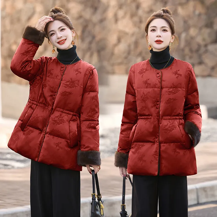 新中式轻国风羽绒服女中长款冬季小个子高端洋气收腰显瘦提花外套