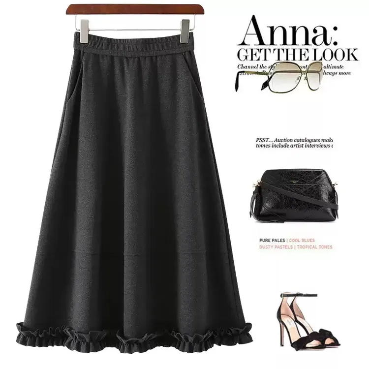 韩系超百搭A字伞裙女2025秋冬季新款松紧腰下摆拼接花边中长半裙