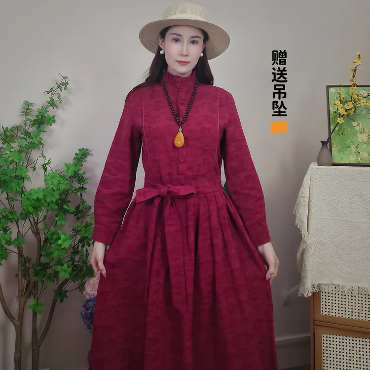 【原版】中式提花棉麻唐装收腰红色长裙显瘦秋冬连衣裙民族风中腰