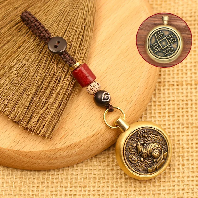 新款黄铜复古十二生肖创意转转汽车钥匙扣挂件挂饰十二属相手把件