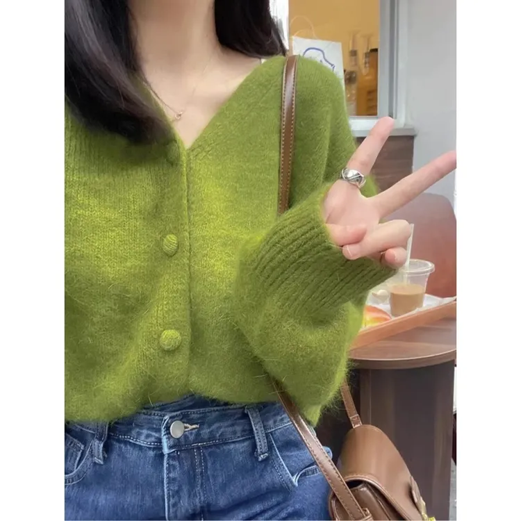 清仓绿色V领马海毛针织开衫女春季慵懒风毛衣外套温柔小个子上衣