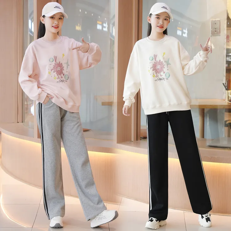 女童秋装新款2025青少年学生女孩卡通印花卫衣搭配休闲运动长裤