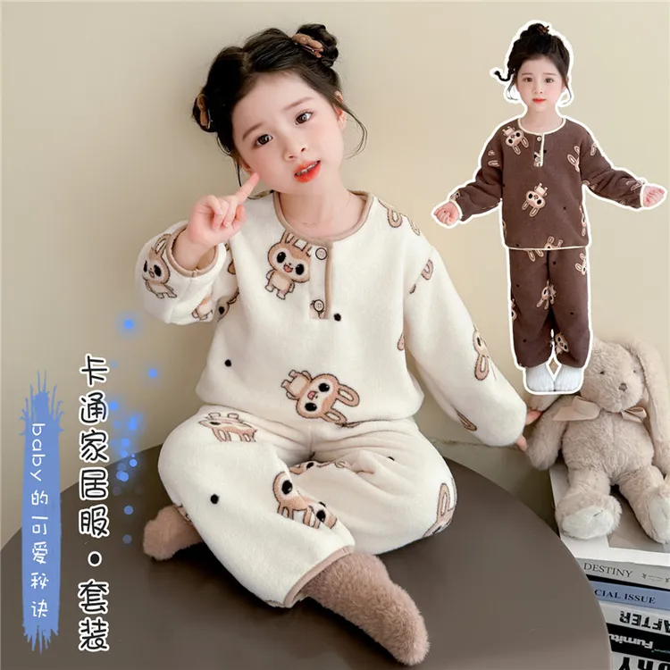 儿童睡衣秋冬季摇粒绒2025新款女童睡衣卡通加厚宝宝家居服套装